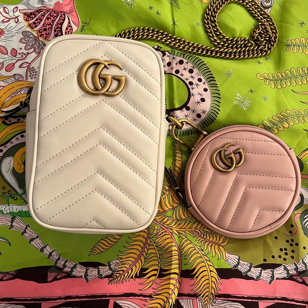 AUTHENTIC GUCCI GG Marmont Mini leather cream white pouch w/soft pink coin purse